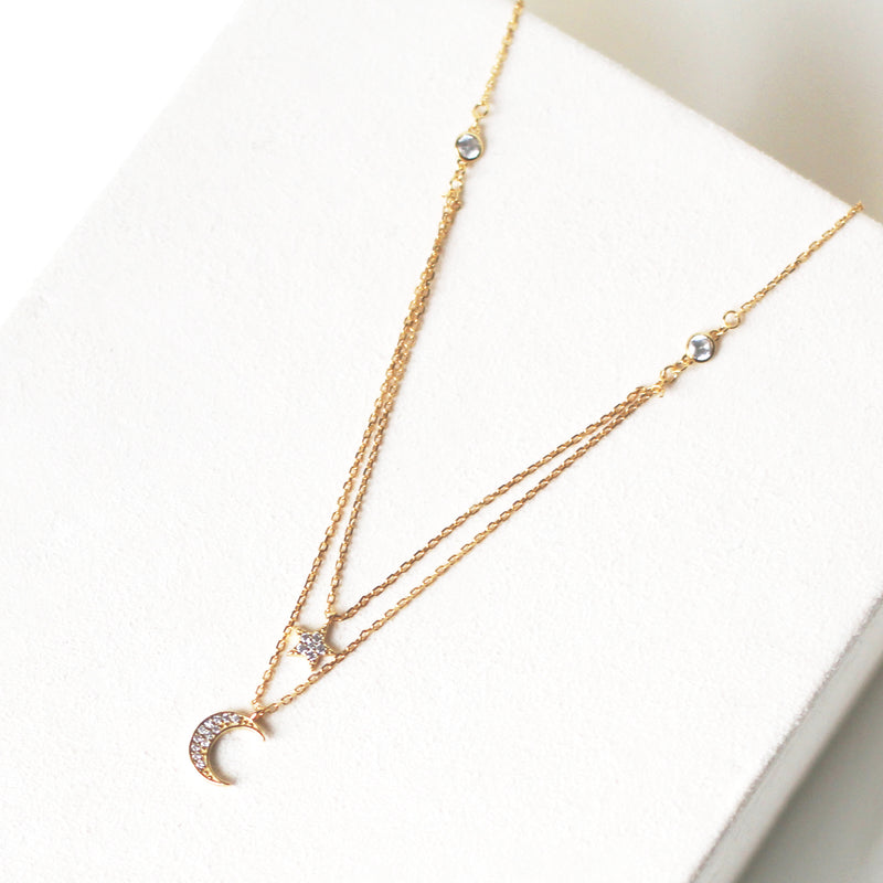18K Gold Plated Shooting Star & Crescent Layered Necklace